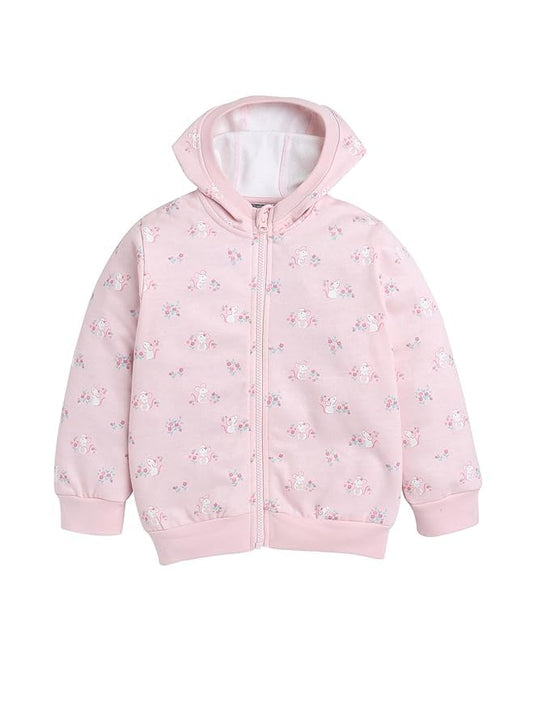 Baby Nation Printed Cotton Long Sleeves Hooded Sweatshirt for Girls 100% Cotton Kids Winter Wear Comfortable Warm Light Pink