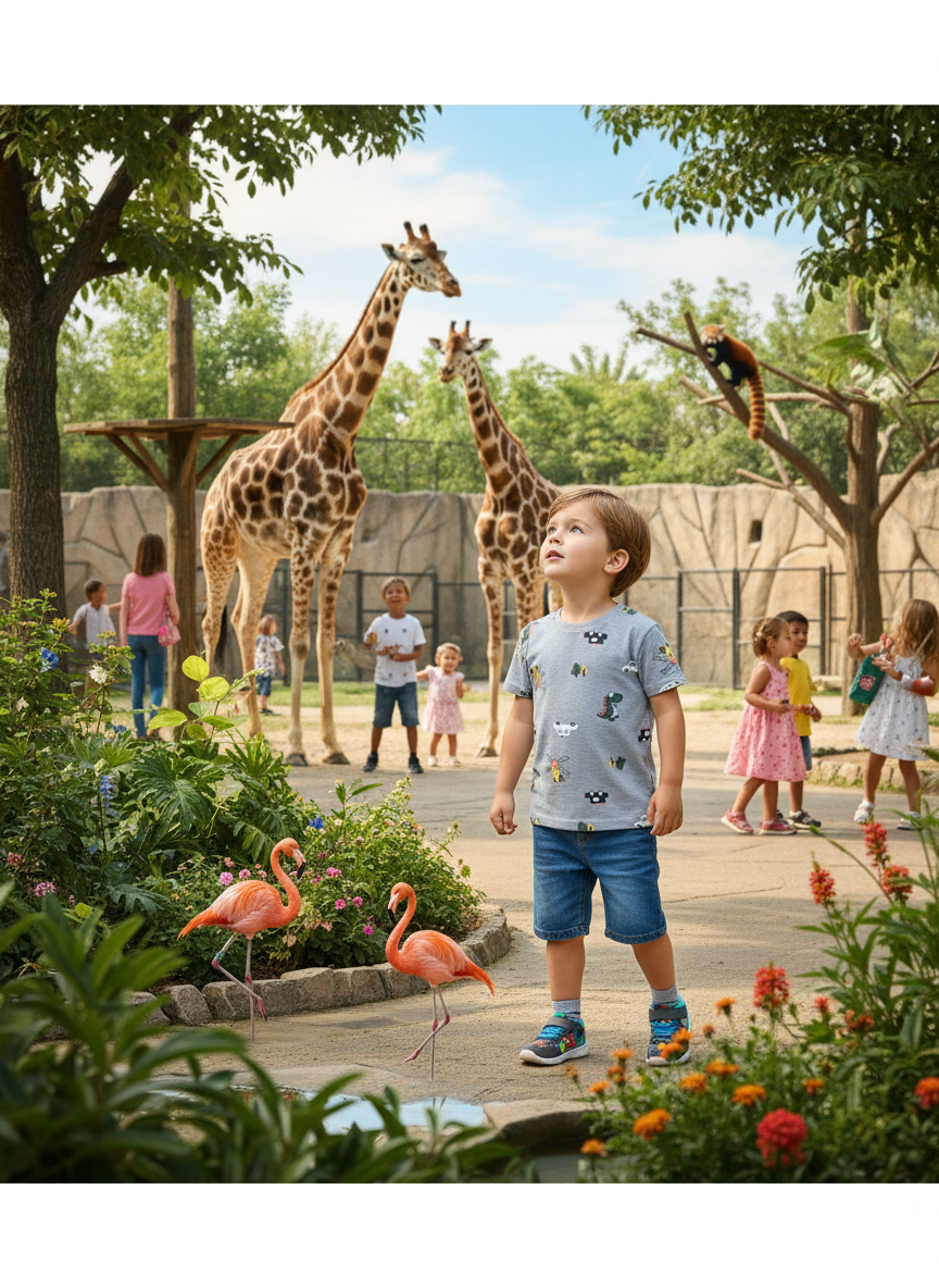 Children at a zoo with giraffes and flamingos