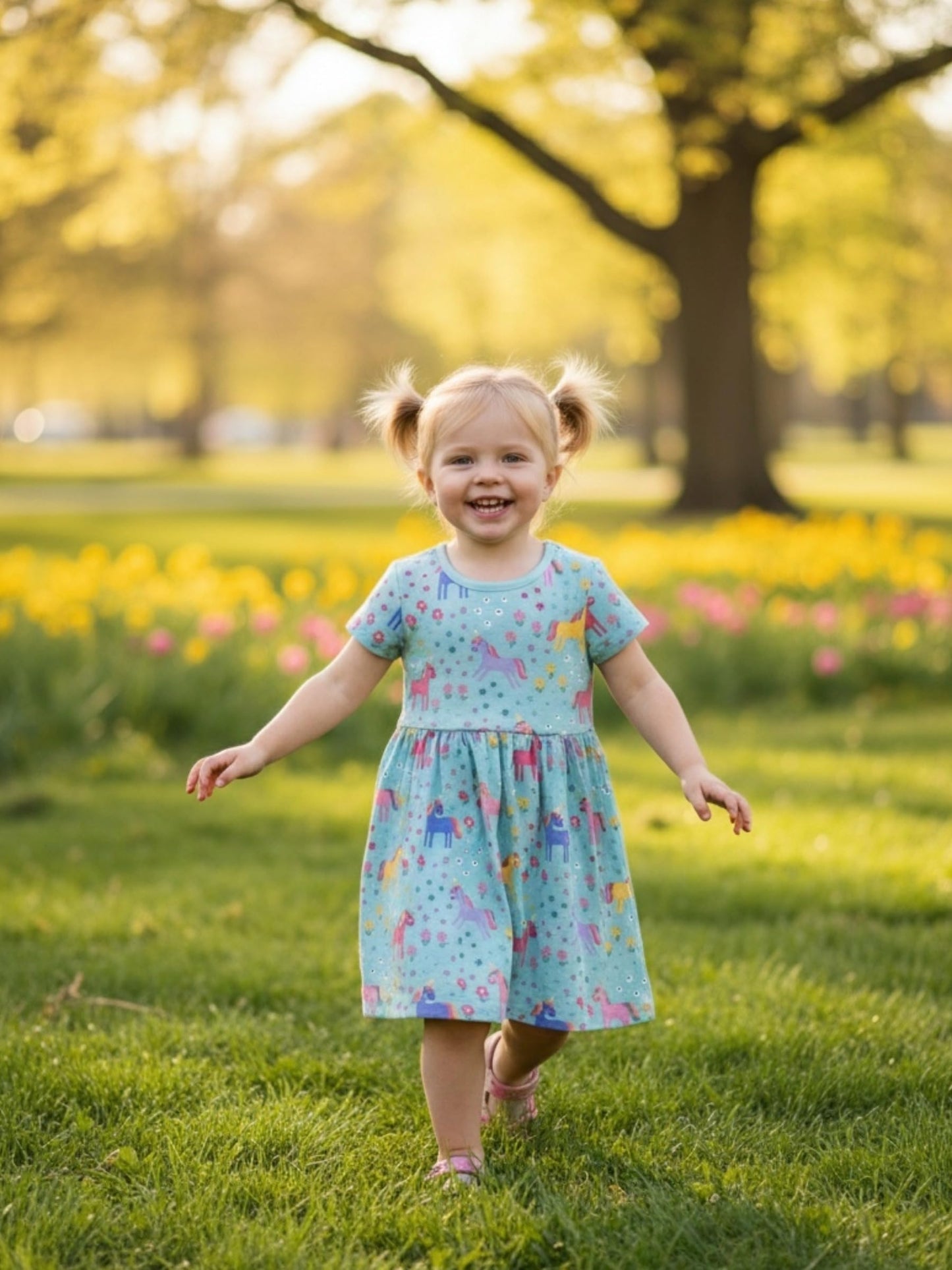 Baby Nation Girls Short Sleeve Unicorn Printed 100% Cotton Dress