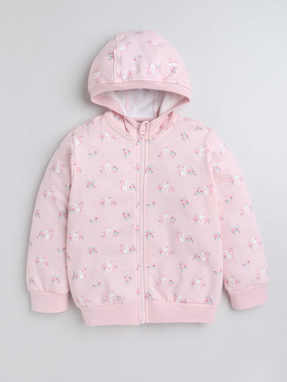 Baby Nation Printed Cotton Long Sleeves Hooded Sweatshirt for Girls 100% Cotton Kids Winter Wear Comfortable Warm Light Pink