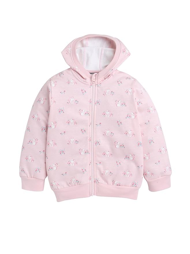 Baby Nation Printed Cotton Long Sleeves Hooded Sweatshirt for Girls 100% Cotton Kids Winter Wear Comfortable Warm Light Pink
