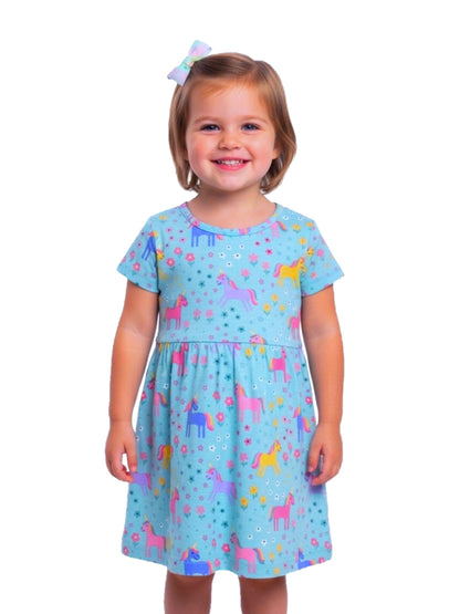 Baby Nation Girls Short Sleeve Unicorn Printed 100% Cotton Dress