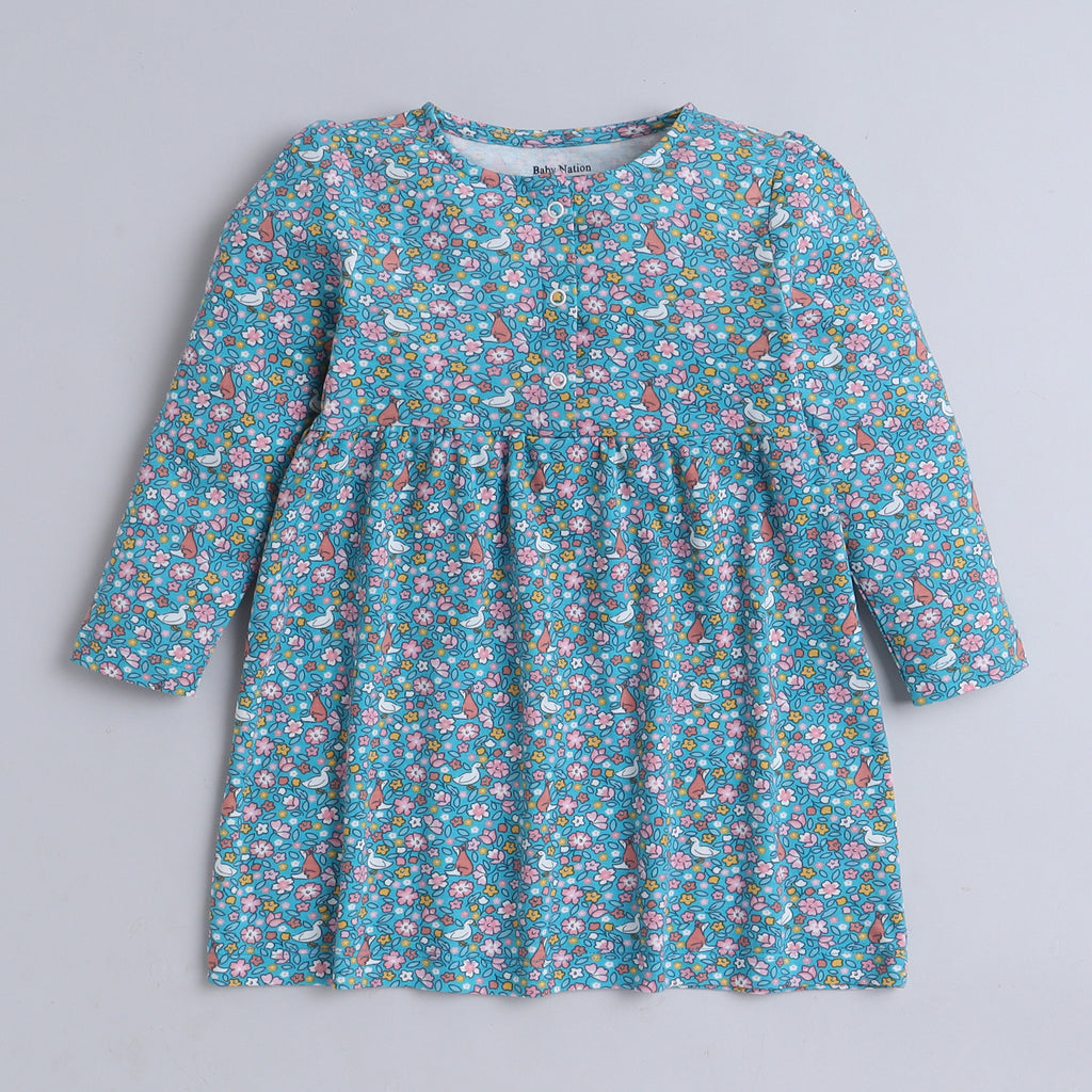 Baby Nation Girls Cute Floral Casual Dress 100% Cotton Long Sleeve