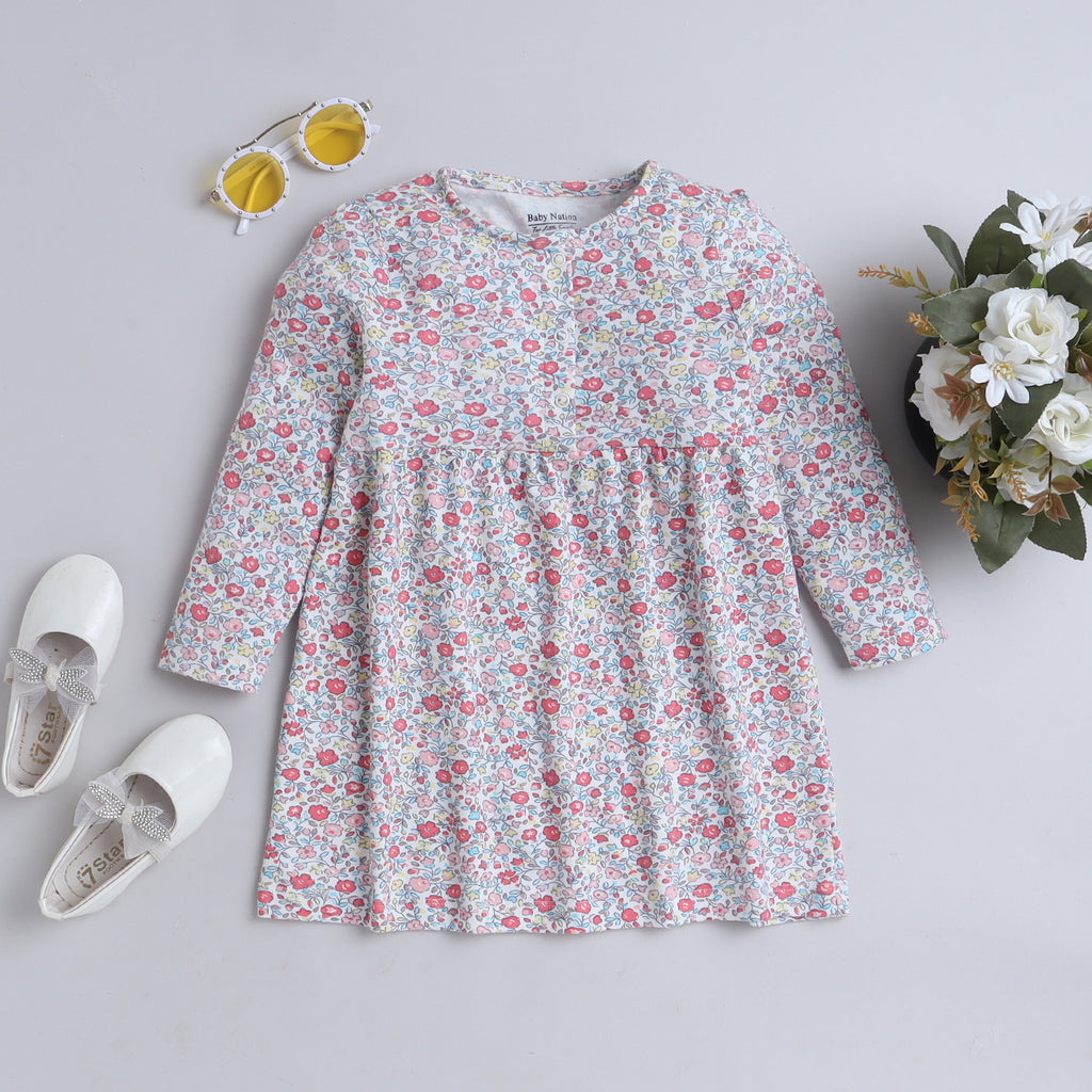 Baby Nation Girls Cute Floral Casual Dress 100% Cotton Long Sleeve