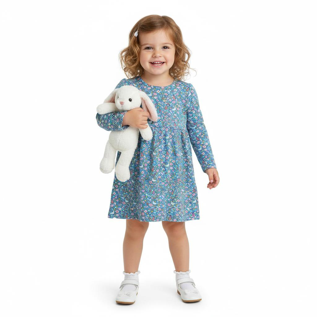 Baby Nation Girls Cute Floral Casual Dress 100% Cotton Long Sleeve