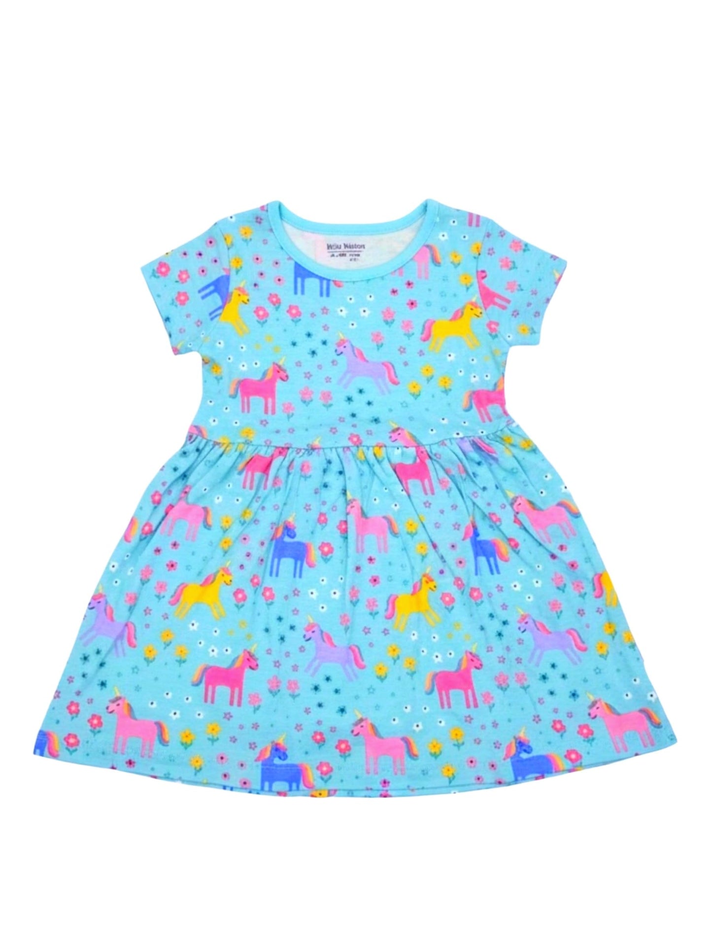 Baby Nation Girls Short Sleeve Unicorn Printed 100% Cotton Dress