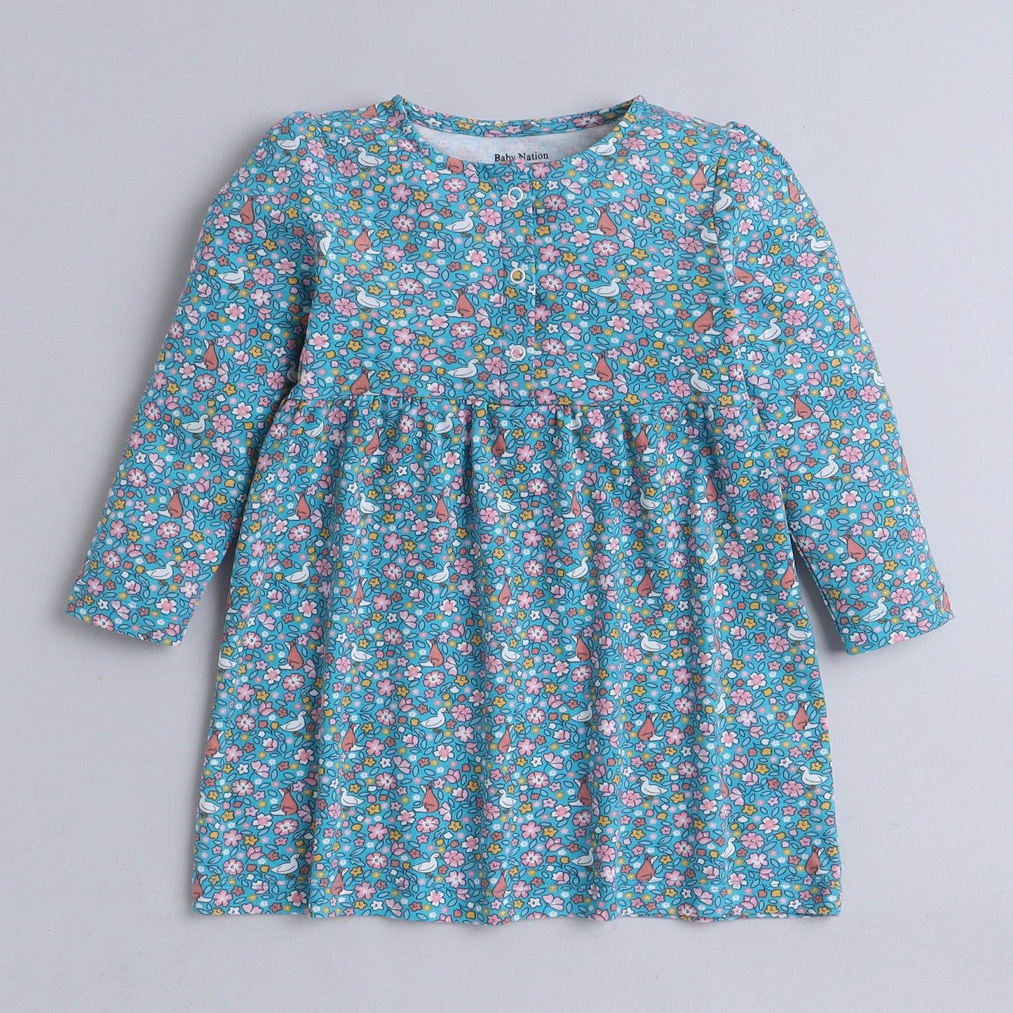 Baby Nation girls full sleeve cotton floral dress in blue - detailed view