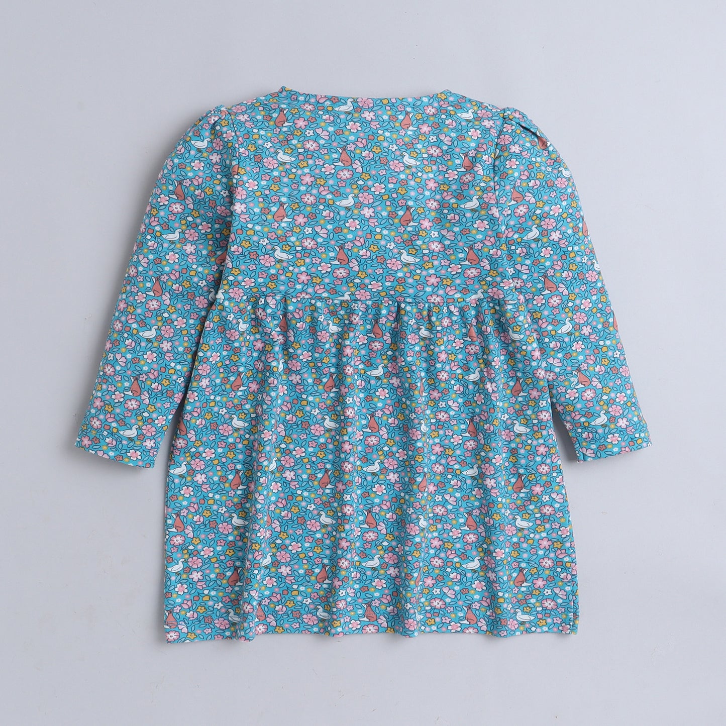 Baby Nation girls full sleeve cotton floral dress in blue - side view
