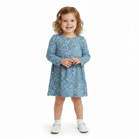 Baby Nation girls full sleeve cotton floral dress blue - toddler fashion model