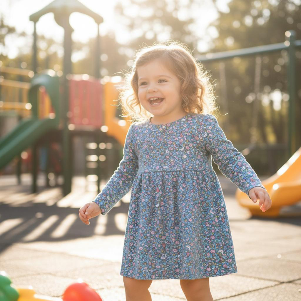 Baby Nation girls full sleeve cotton floral dress blue - outdoor lifestyle shot