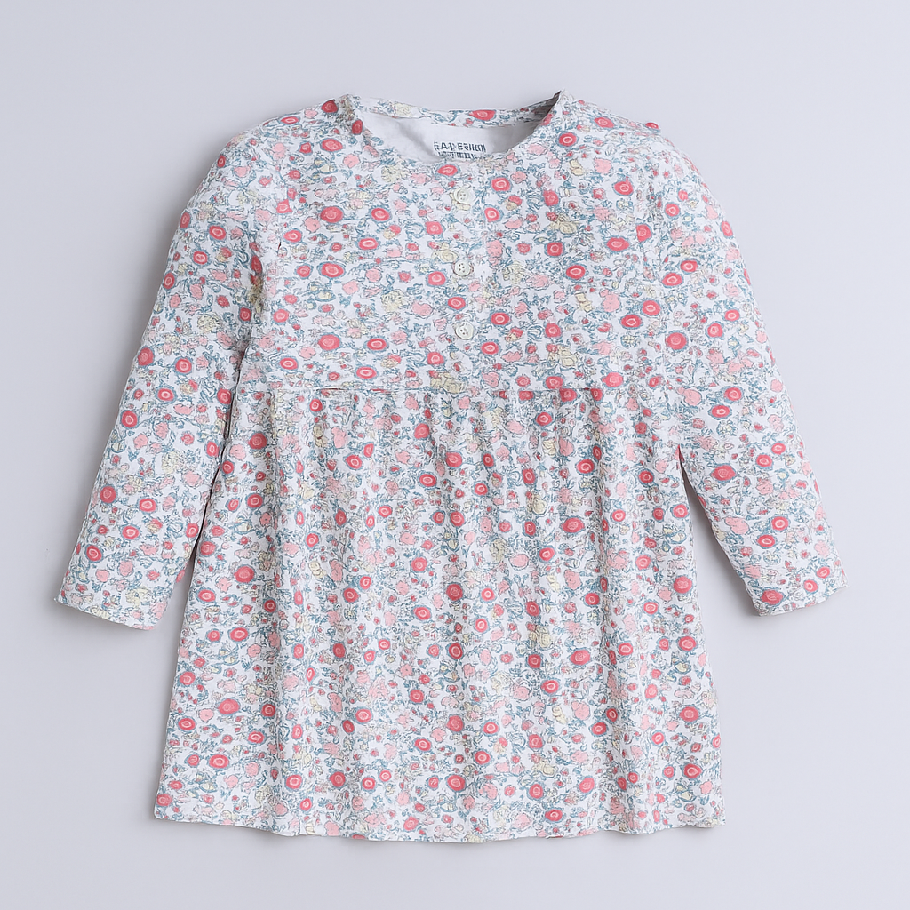 Baby Nation girls full sleeve cotton floral dress pink - front view