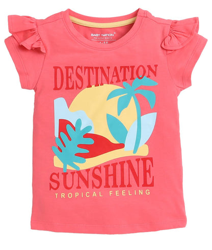 Pink children's t-shirt with 'Destination Sunshine' design on a white background