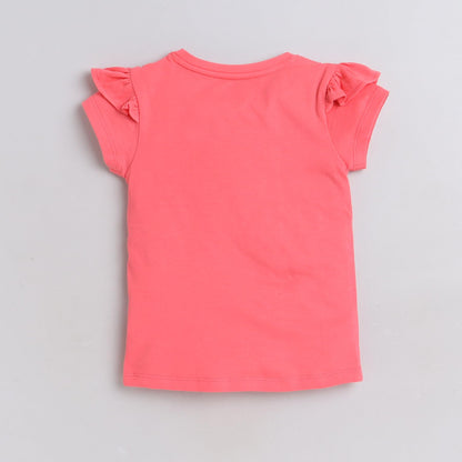 Pink t-shirt with ruffled sleeves on a gray background