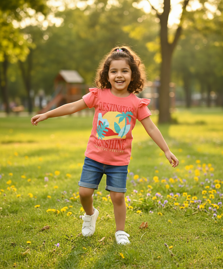 Young girl in a pink shirt with a colorful design, standing in a park with green grass and flowers.