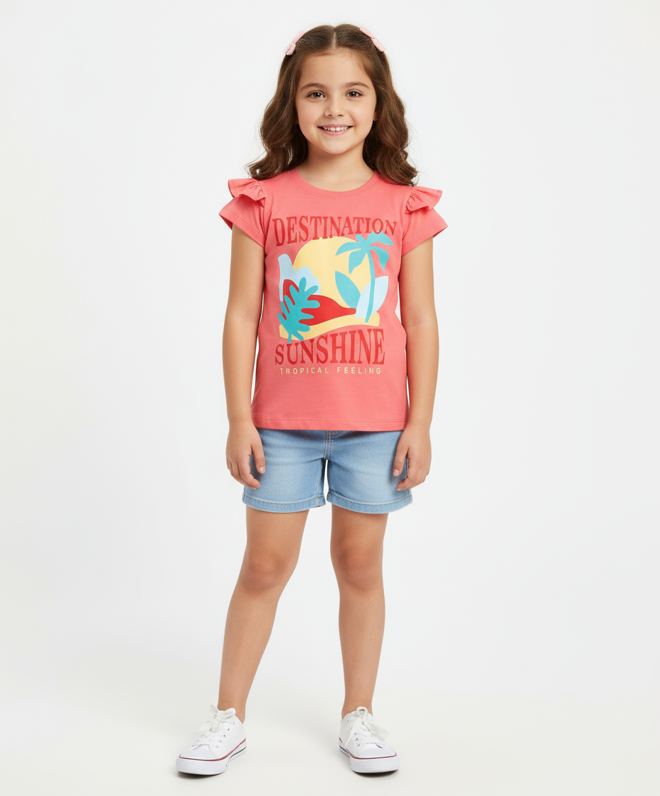 Young girl wearing a coral pink 'Destination Sunshine' t-shirt and denim shorts on a white background