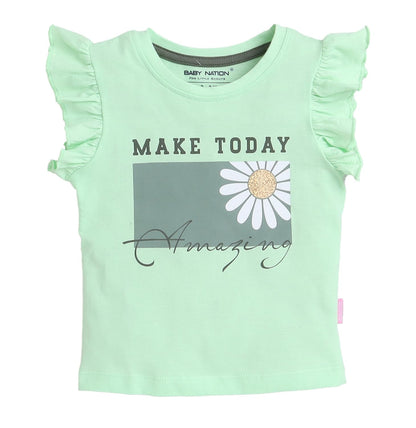 Light green t-shirt with a daisy and text design on a white background