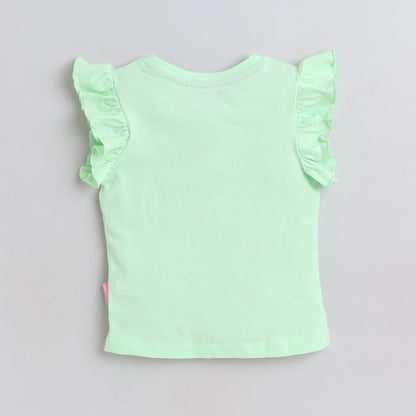 Light green sleeveless top with ruffled sleeves on a gray background