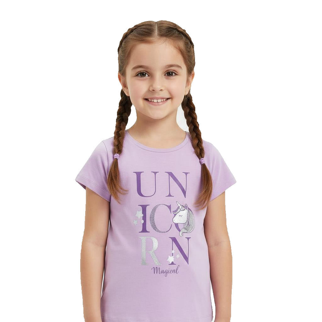 Young girl wearing a purple t-shirt with 'Unicorn Magical' text and unicorn graphic on a white background