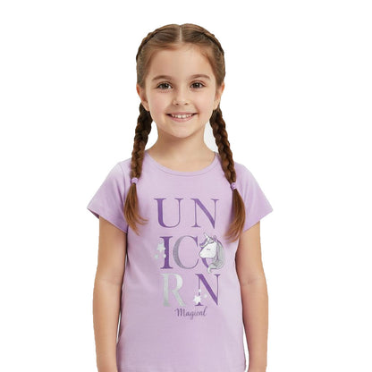 Young girl wearing a purple t-shirt with 'Unicorn Magical' text and unicorn graphic on a white background