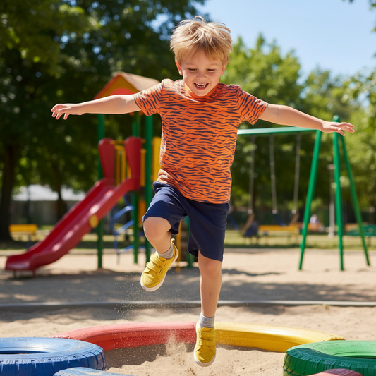 Child playing on a playground with colorful equipment