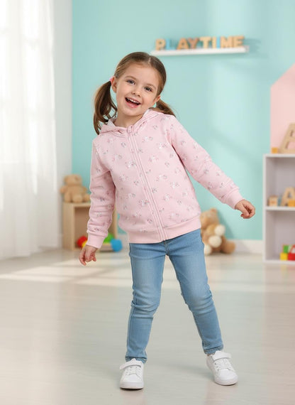 Baby Nation Printed Cotton Long Sleeves Hooded Sweatshirt for Girls 100% Cotton Kids Winter Wear Comfortable Warm Light Pink