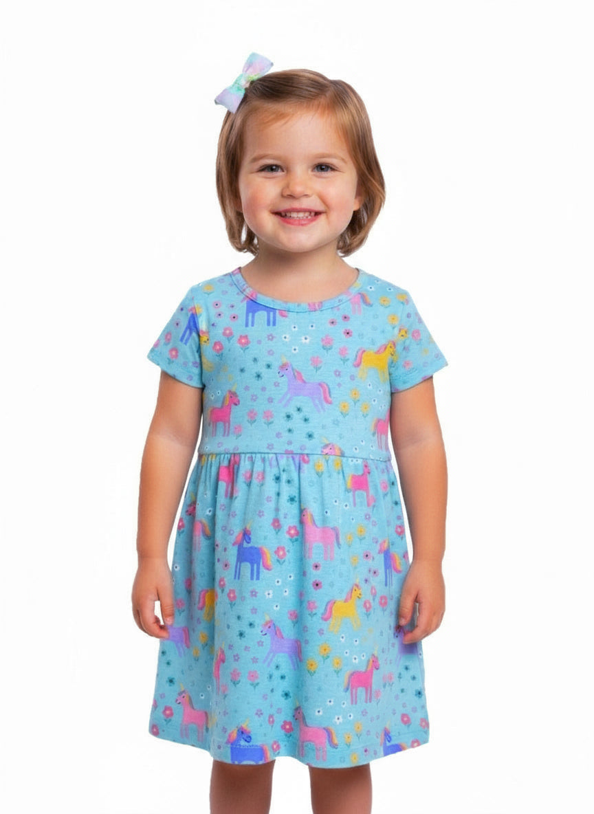 Baby Nation Girls Short Sleeve Unicorn Printed 100% Cotton Dress