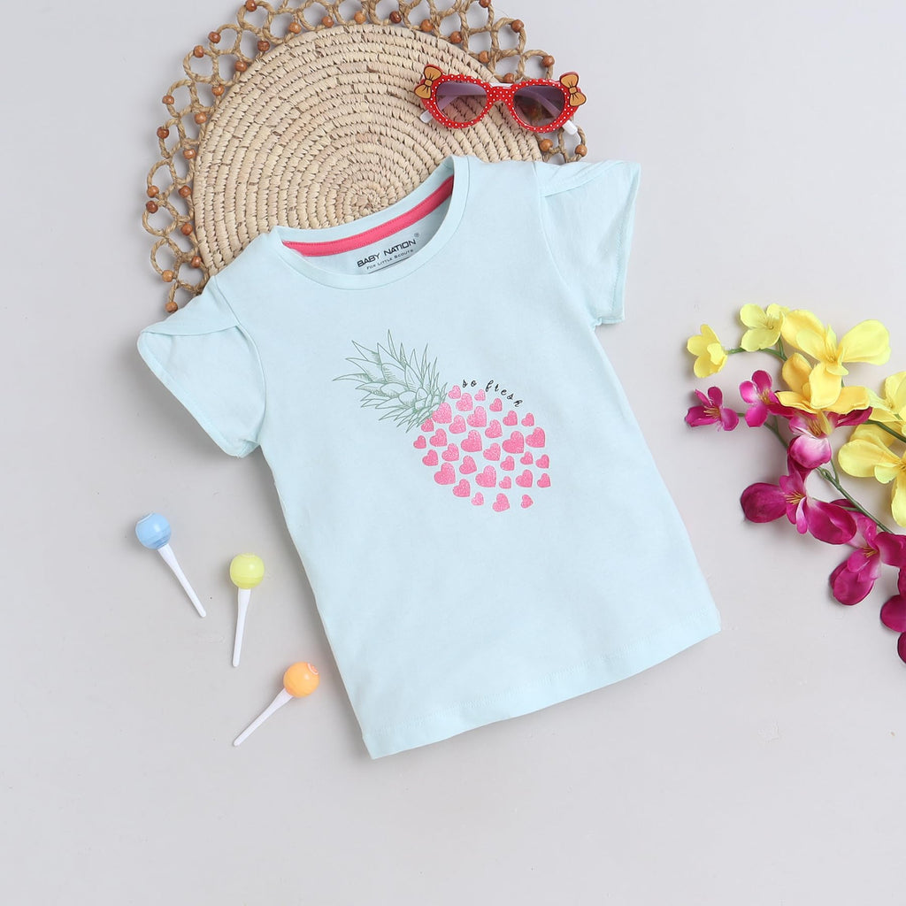Blue casual pineapple printed tee for toddlers girls 100% cotton