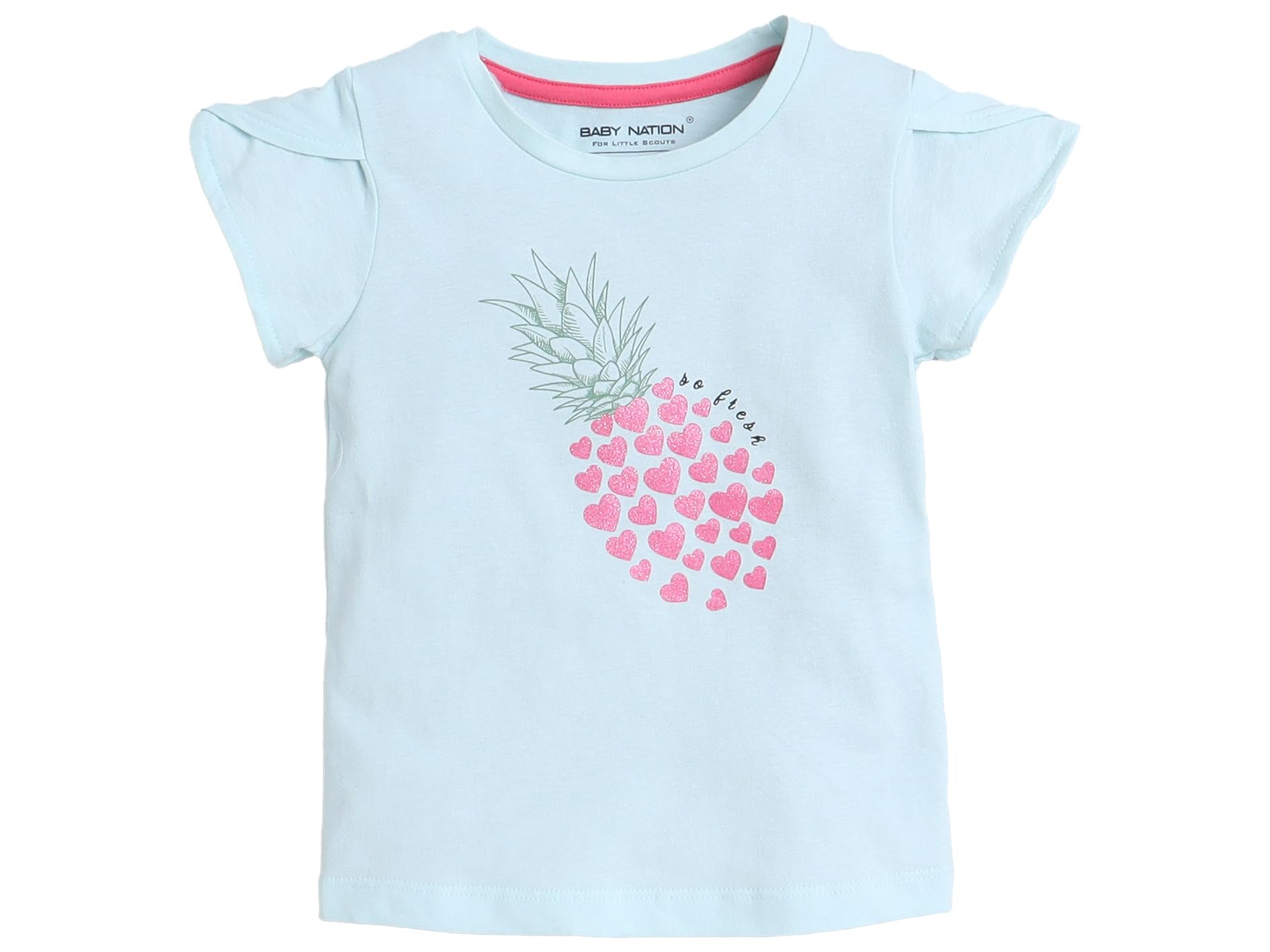Blue casual pineapple printed tee for toddlers girls 100% cotton