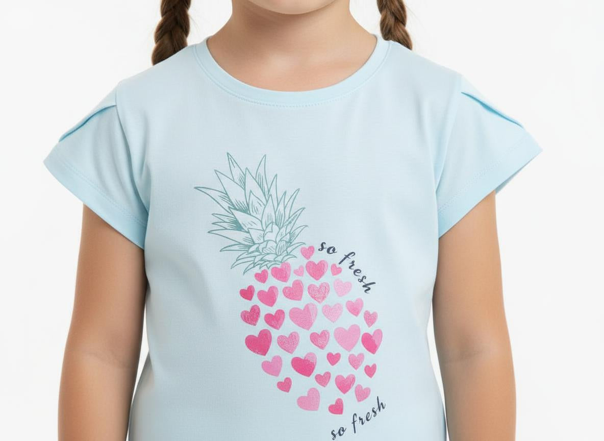 Blue casual pineapple printed tee for toddlers girls 100% cotton