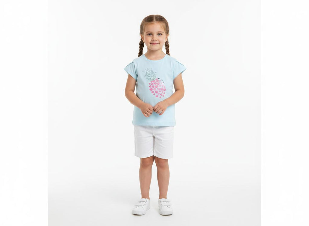 Blue casual pineapple printed tee for toddlers girls 100% cotton