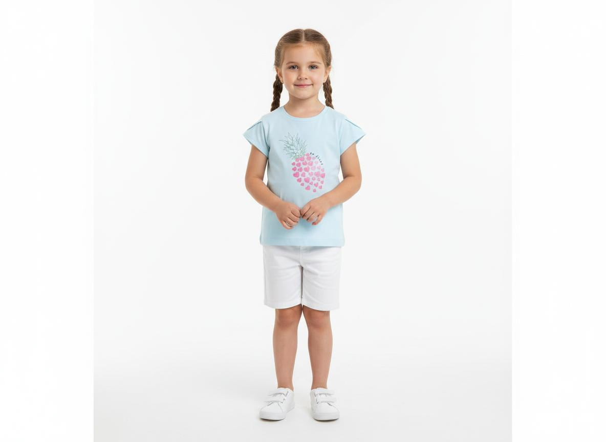 Blue casual pineapple printed tee for toddlers girls 100% cotton