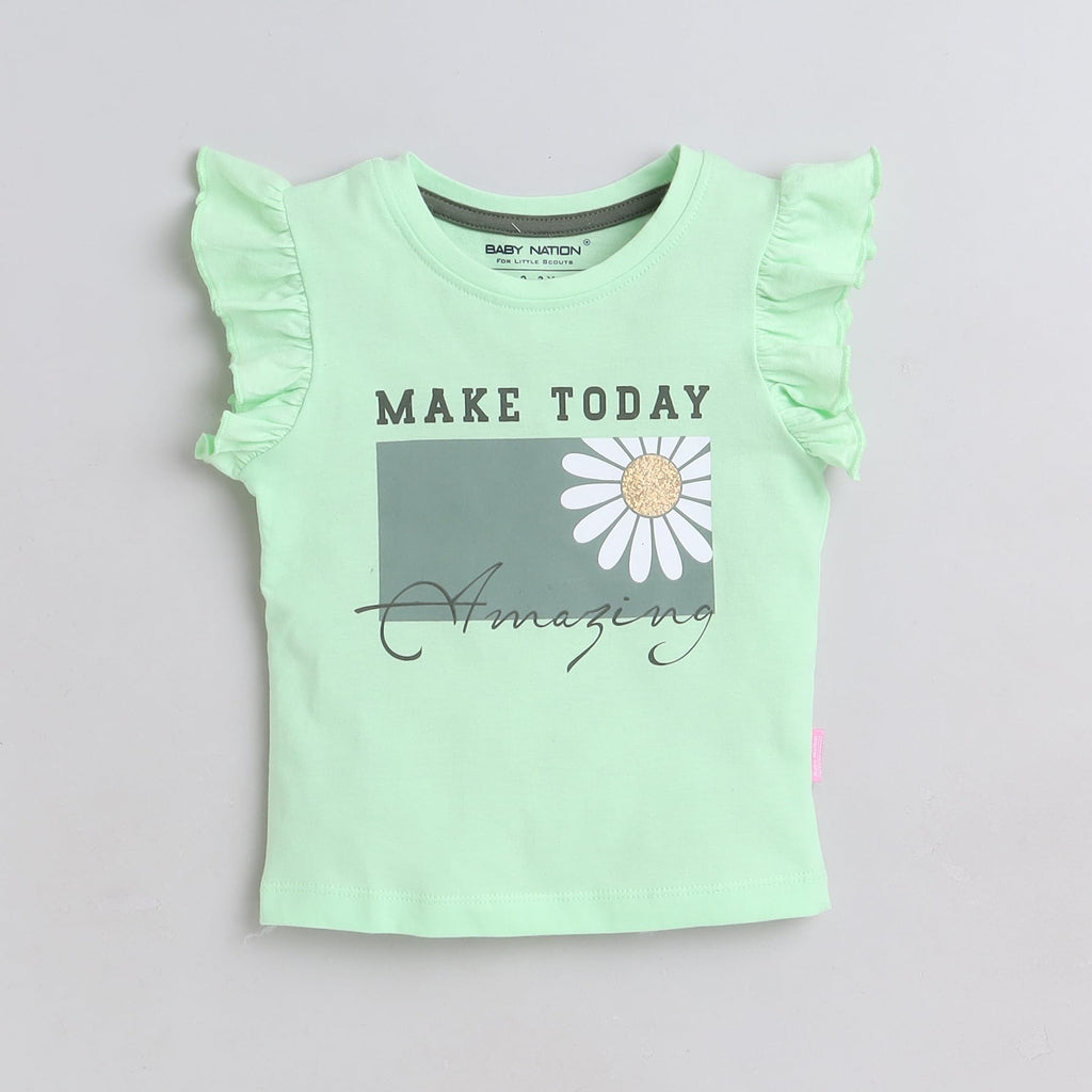 Green casual tee for toddlers girls 100% cotton