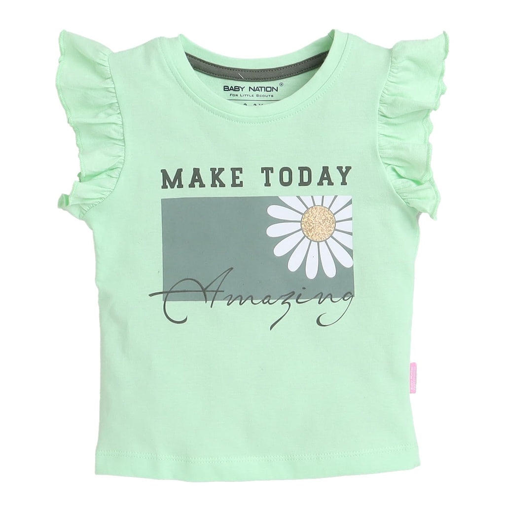 Green casual tee for toddlers girls 100% cotton