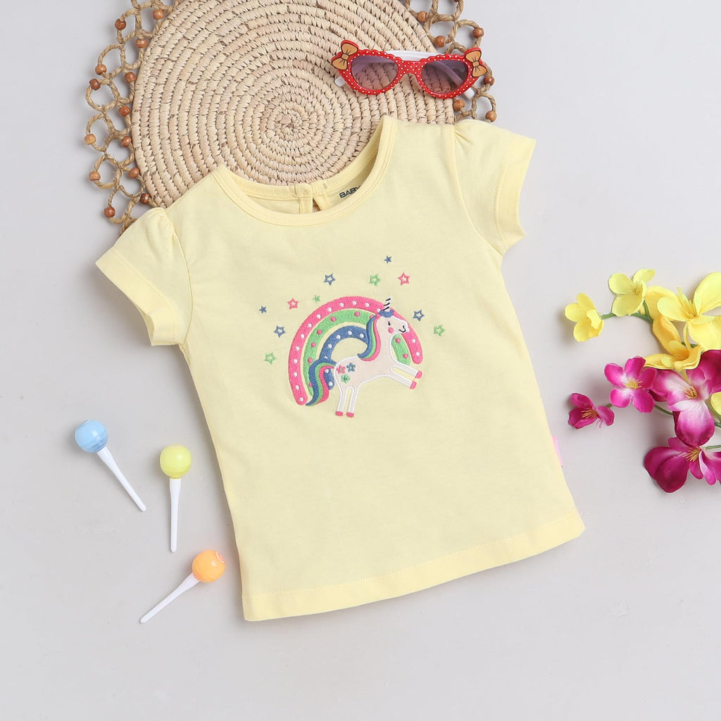 Yellow casual unicorn printed tee for toddlers girls 100% cotton