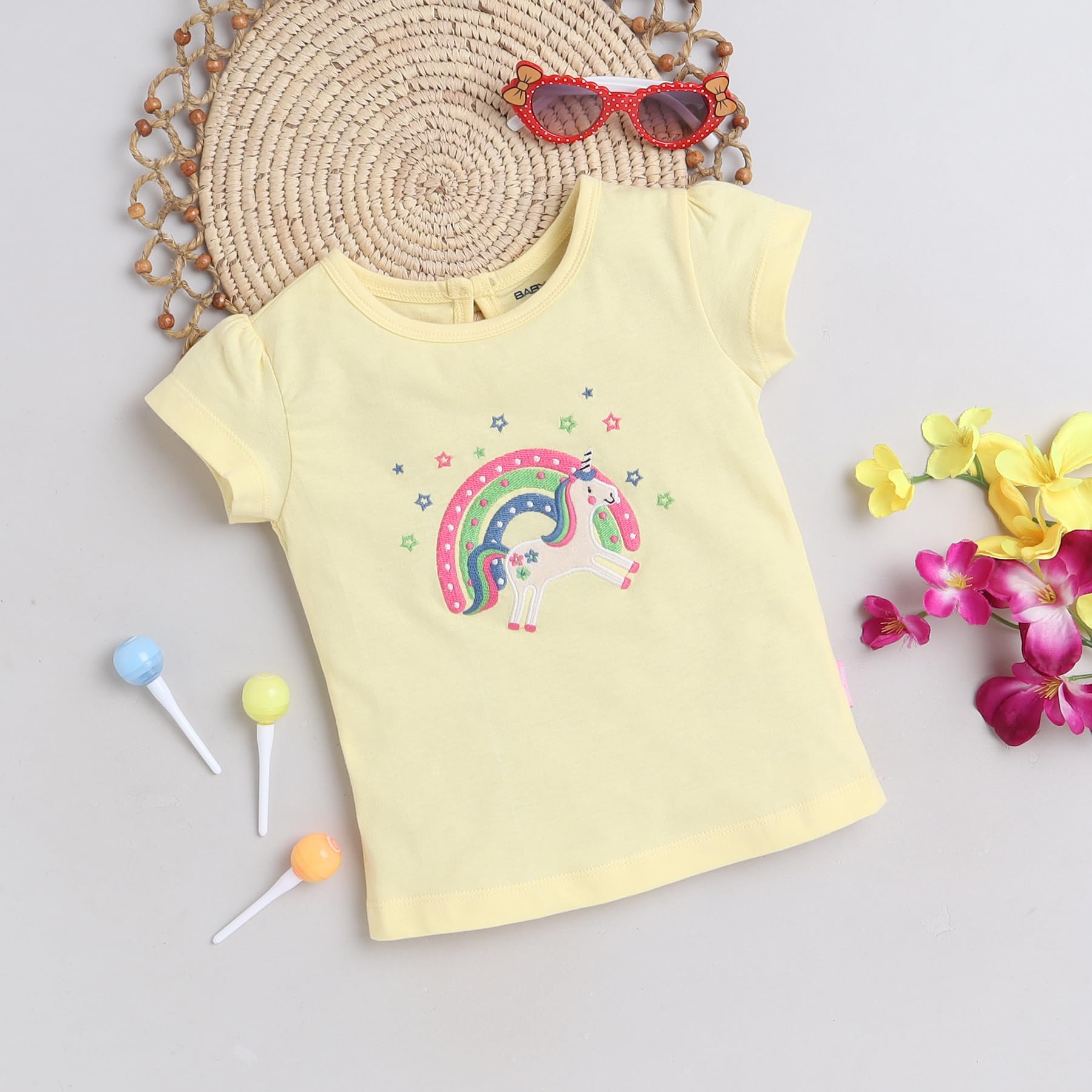 Yellow casual unicorn printed tee for toddlers girls 100% cotton
