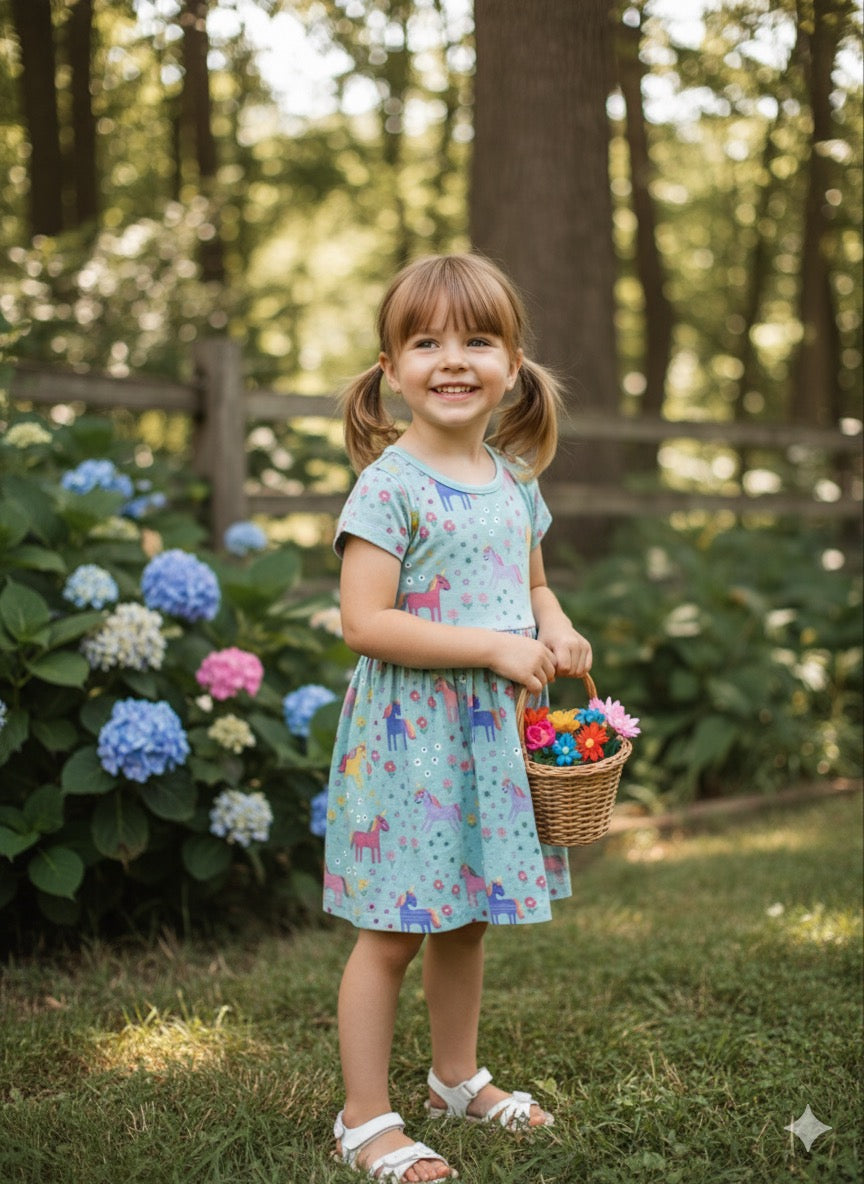 Baby Nation Girls Short Sleeve Unicorn Printed 100% Cotton Dress