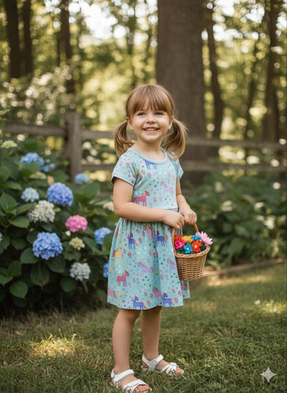 Baby Nation Girls Short Sleeve Unicorn Printed 100% Cotton Dress